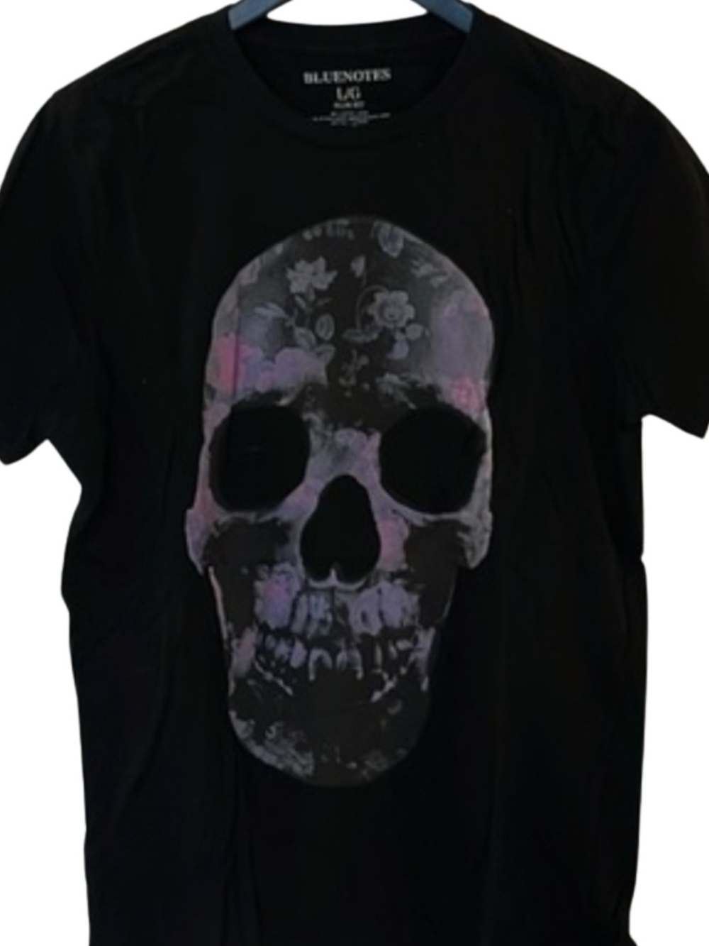 Bluenotes Black Tee with Floral Skull Graphic and Purple/Pink Accents